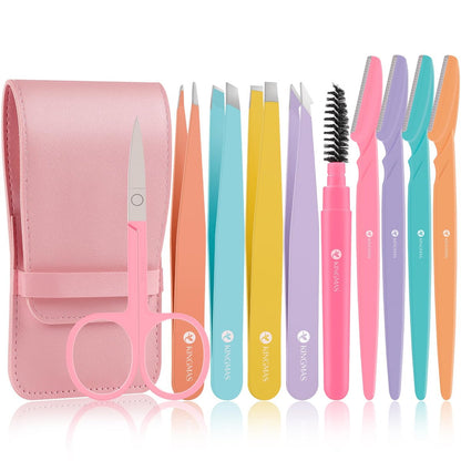 KINGMAS 10-Piece Tweezers Set for Women: Precision Eyebrow Tweezers with Curved Scissor, Razor, and Travel Case