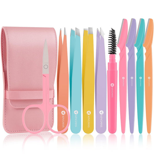 KINGMAS 10-Piece Tweezers Set for Women: Precision Eyebrow Tweezers with Curved Scissor, Razor, and Travel Case