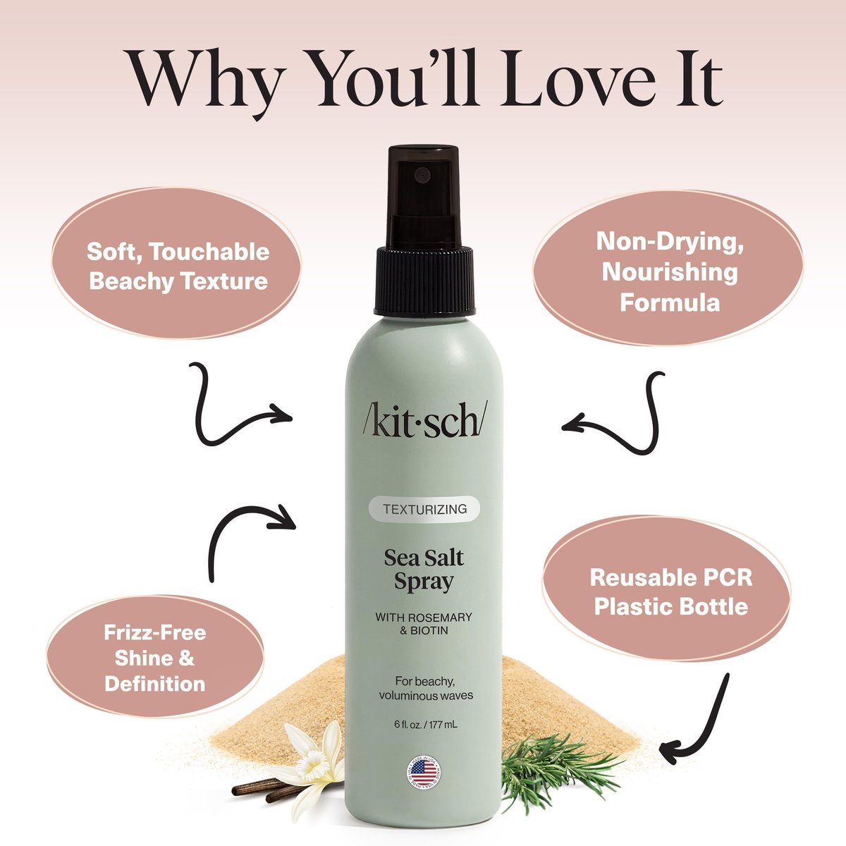 Kitsch Sea Salt Spray for Natural Curls & Beach Waves | Rosemary, Biotin, Magnesium | Texturizing Hair Spray for Men and Women | 177 mL Avelisse