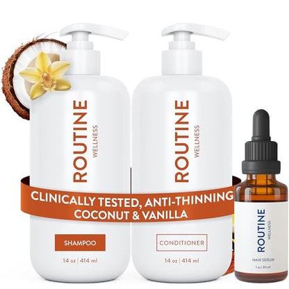 Routine Wellness Shampoo and Conditioner Set with Hair Serum for Thinning Hair - DHT Blocker for Women & Men - Color Safe Hair Loss Shampoo for Healthier Hair - Coconut & Vanilla Scent - 9.67 Fl Oz Each (3-Piece Set) Avelisse
