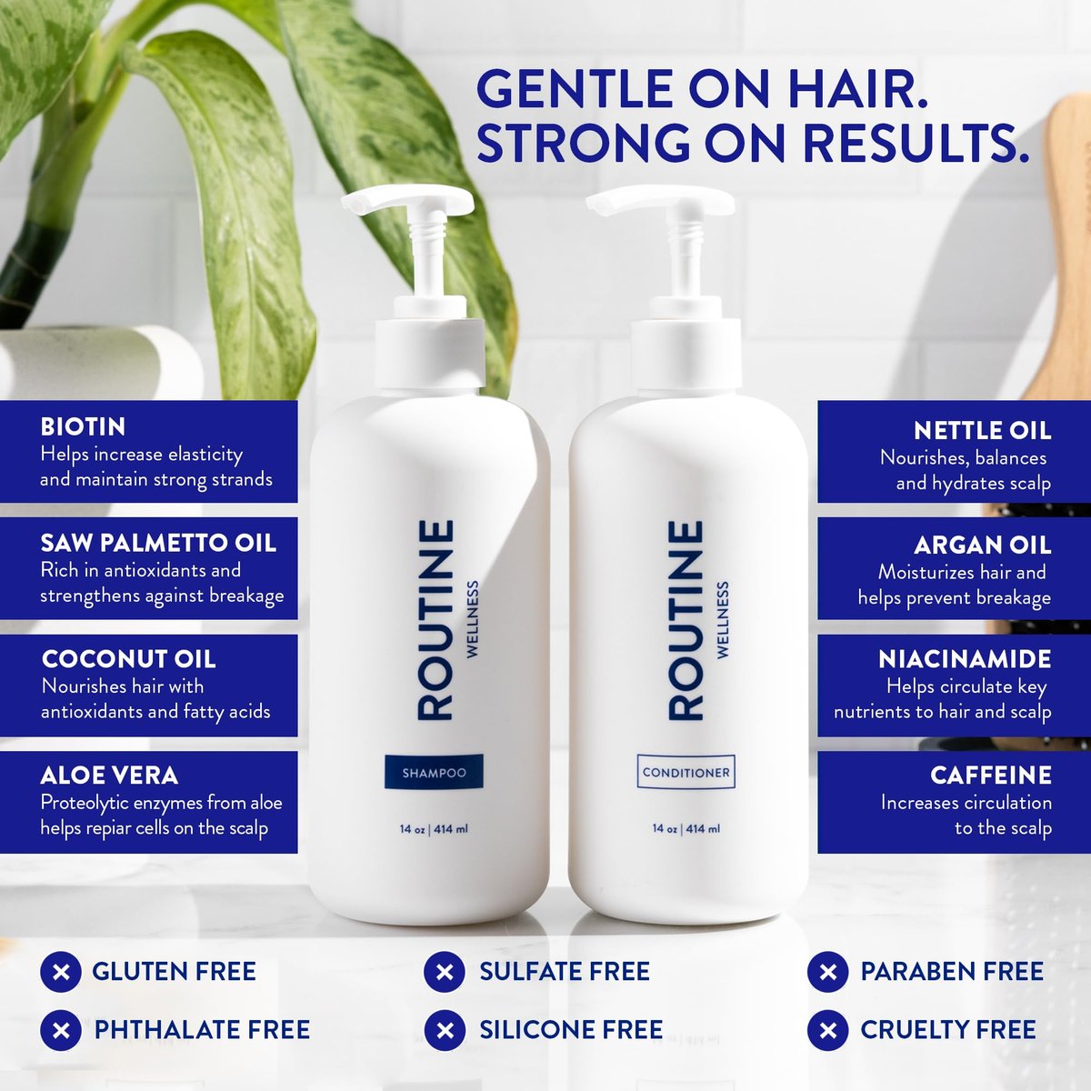 Routine Wellness Shampoo and Conditioner Set with Hair Serum for Thinning Hair - DHT Blocker for Women & Men - Color Safe Hair Loss Shampoo for Healthier Hair - Coconut & Vanilla Scent - 9.67 Fl Oz Each (3-Piece Set) Avelisse