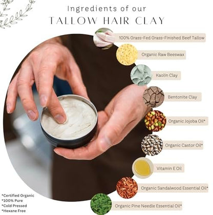 Untamed Organics Tallow Hair Clay - Handmade Grass-Fed & Grass-Finished Natural Hair Pomade for Men & Women - Medium Hold, Natural Finish - 2 oz Avelisse