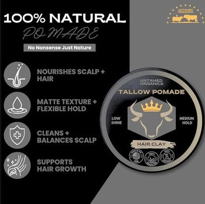 Untamed Organics Tallow Hair Clay - Handmade Grass-Fed & Grass-Finished Natural Hair Pomade for Men & Women - Medium Hold, Natural Finish - 2 oz Avelisse