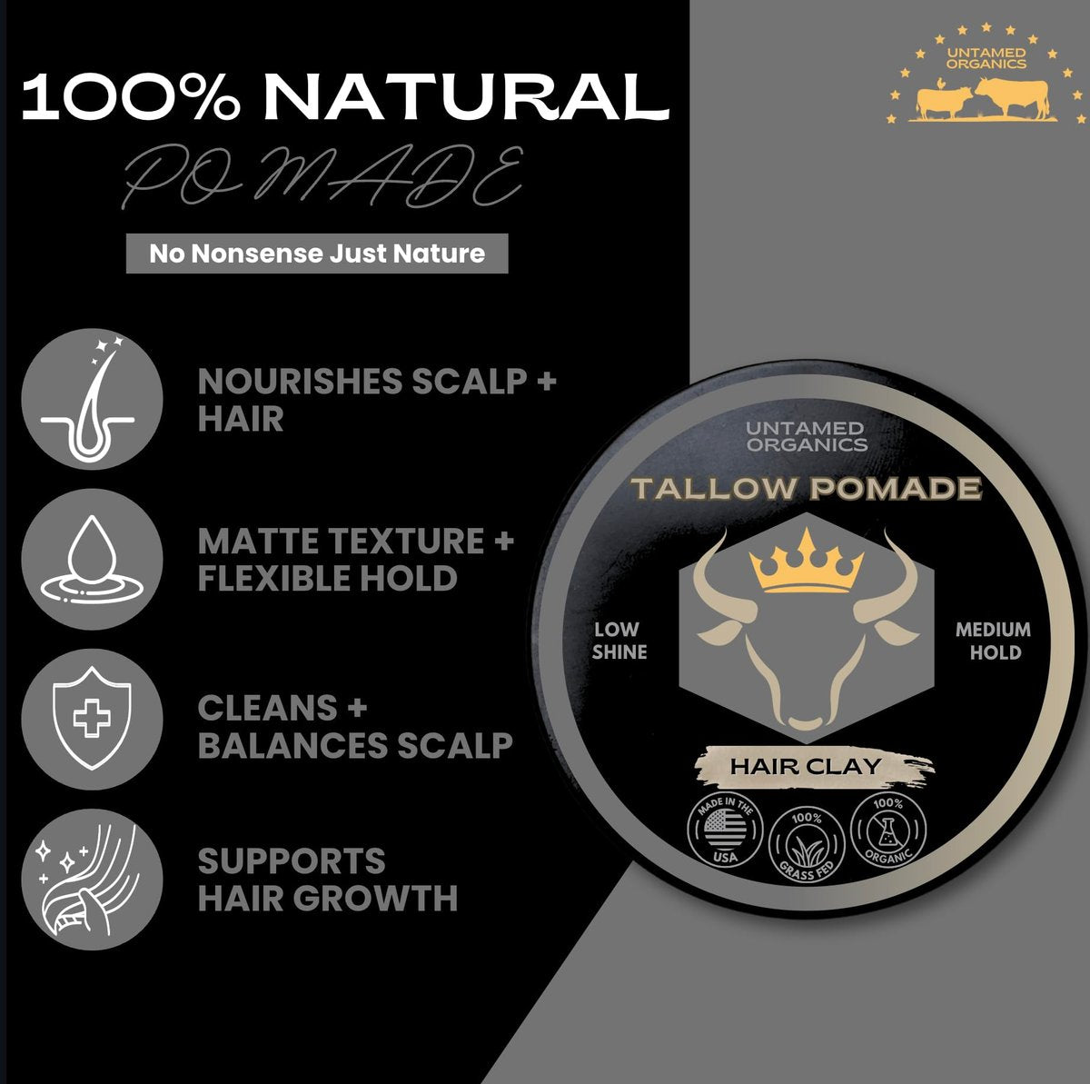 Untamed Organics Tallow Hair Clay - Handmade Grass-Fed & Grass-Finished Natural Hair Pomade for Men & Women - Medium Hold, Natural Finish - 2 oz Avelisse