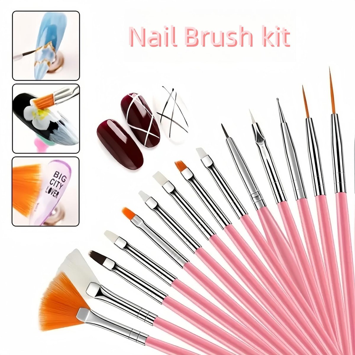 15-Piece Nail Art Brushes Set with 5 Dotting Pens & Stand Holder – Professional Nail Design Kit for DIY Manicure & Salon Use (Pink) - görsel 3