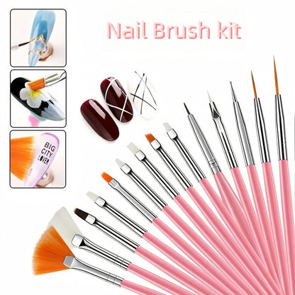 15-Piece Nail Art Brushes Set with 5 Dotting Pens & Stand Holder – Professional Nail Design Kit for DIY Manicure & Salon Use (Pink)