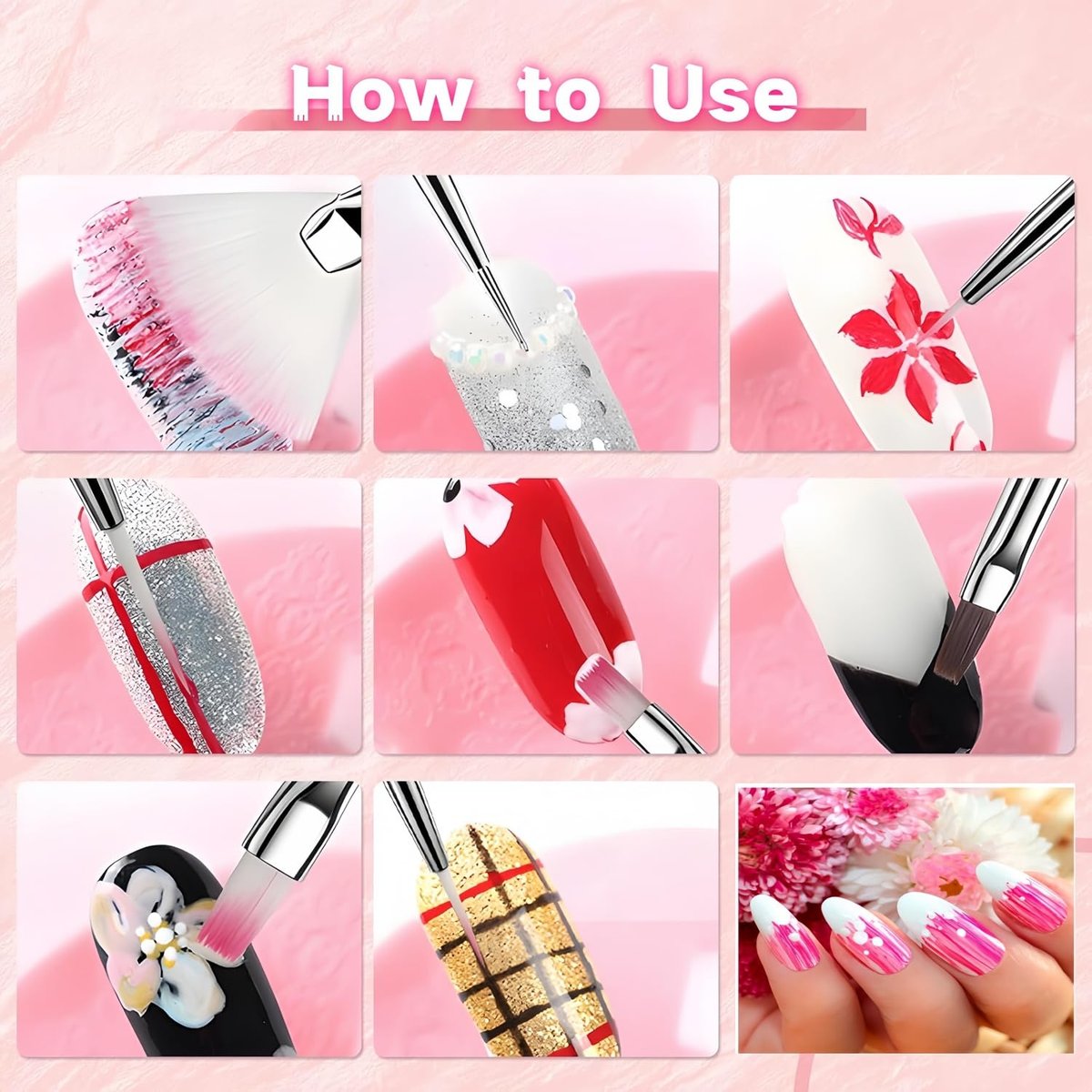 15-Piece Nail Art Brushes Set with 5 Dotting Pens & Stand Holder – Professional Nail Design Kit for DIY Manicure & Salon Use (Pink) - görsel 11