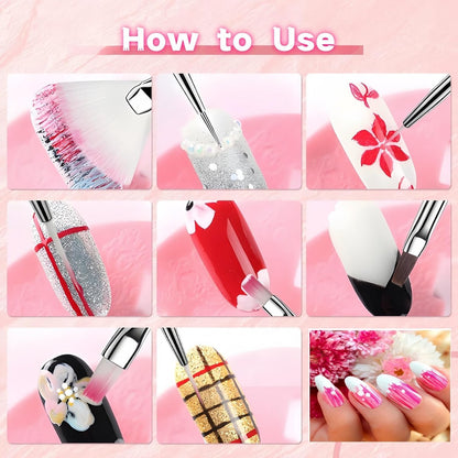 15-Piece Nail Art Brushes Set with 5 Dotting Pens & Stand Holder – Professional Nail Design Kit for DIY Manicure & Salon Use (Pink)