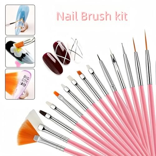 15-Piece Nail Art Brushes Set with 5 Dotting Pens & Stand Holder – Professional Nail Design Kit for DIY Manicure & Salon Use (Pink) - görsel 4