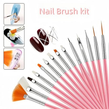 15-Piece Nail Art Brushes Set with 5 Dotting Pens & Stand Holder – Professional Nail Design Kit for DIY Manicure & Salon Use (Pink)