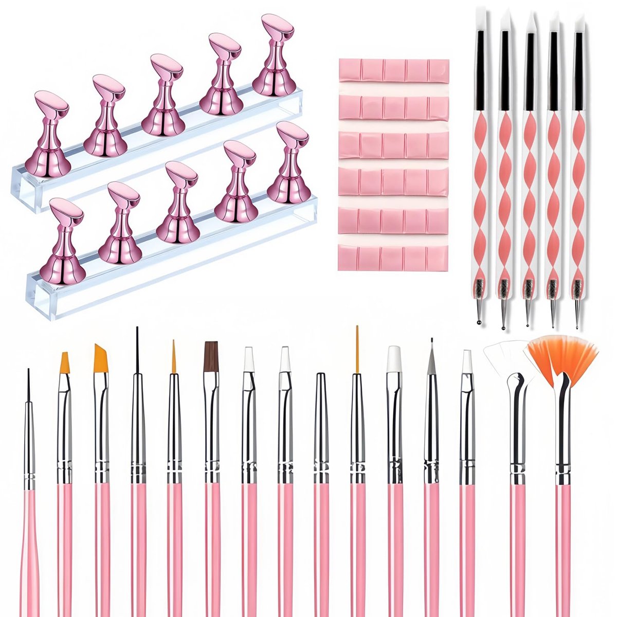 15-Piece Nail Art Brushes Set with 5 Dotting Pens & Stand Holder – Professional Nail Design Kit for DIY Manicure & Salon Use (Pink) - görsel 1