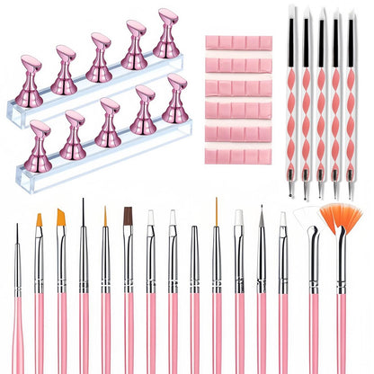 15-Piece Nail Art Brushes Set with 5 Dotting Pens & Stand Holder – Professional Nail Design Kit for DIY Manicure & Salon Use (Pink)