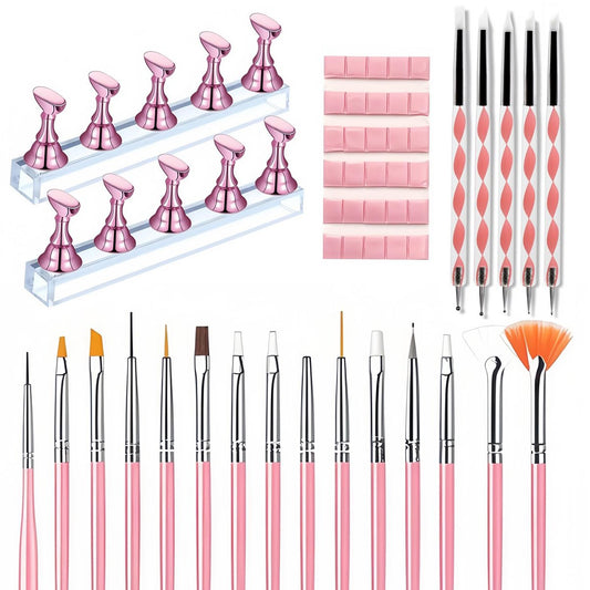 15-Piece Nail Art Brushes Set with 5 Dotting Pens & Stand Holder – Professional Nail Design Kit for DIY Manicure & Salon Use (Pink)