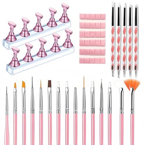 15-Piece Nail Art Brushes Set with 5 Dotting Pens & Stand Holder – Professional Nail Design Kit for DIY Manicure & Salon Use (Pink) - görsel 2