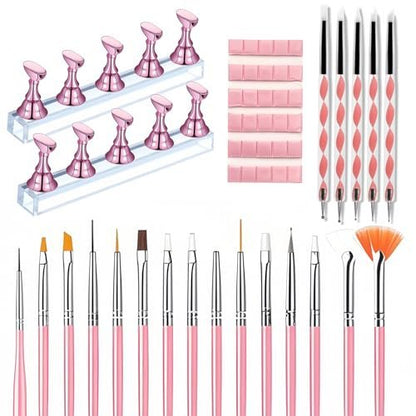15-Piece Nail Art Brushes Set with 5 Dotting Pens & Stand Holder – Professional Nail Design Kit for DIY Manicure & Salon Use (Pink)