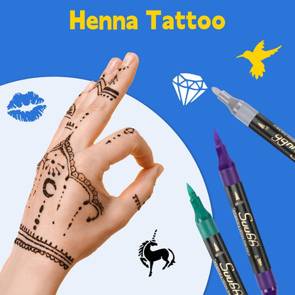 Suu66 Temporary Tattoo Markers Kit - 16 Colors Dual-End with 80 Stencils, Skin-Safe & Washable Body Art for Kids and Adults