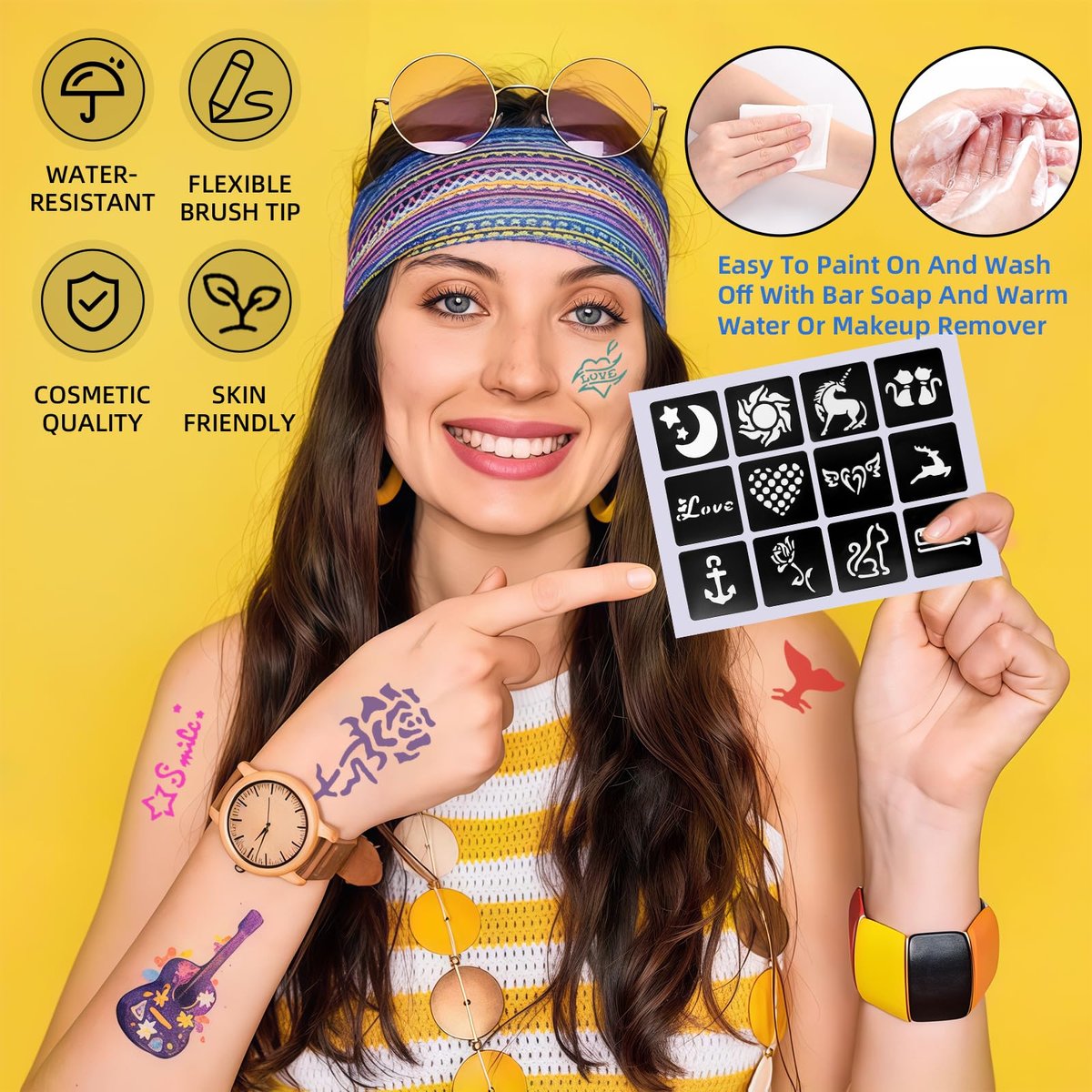 Suu66 Temporary Tattoo Markers Kit - 16 Colors Dual-End with 80 Stencils, Skin-Safe & Washable Body Art for Kids and Adults - görsel 9