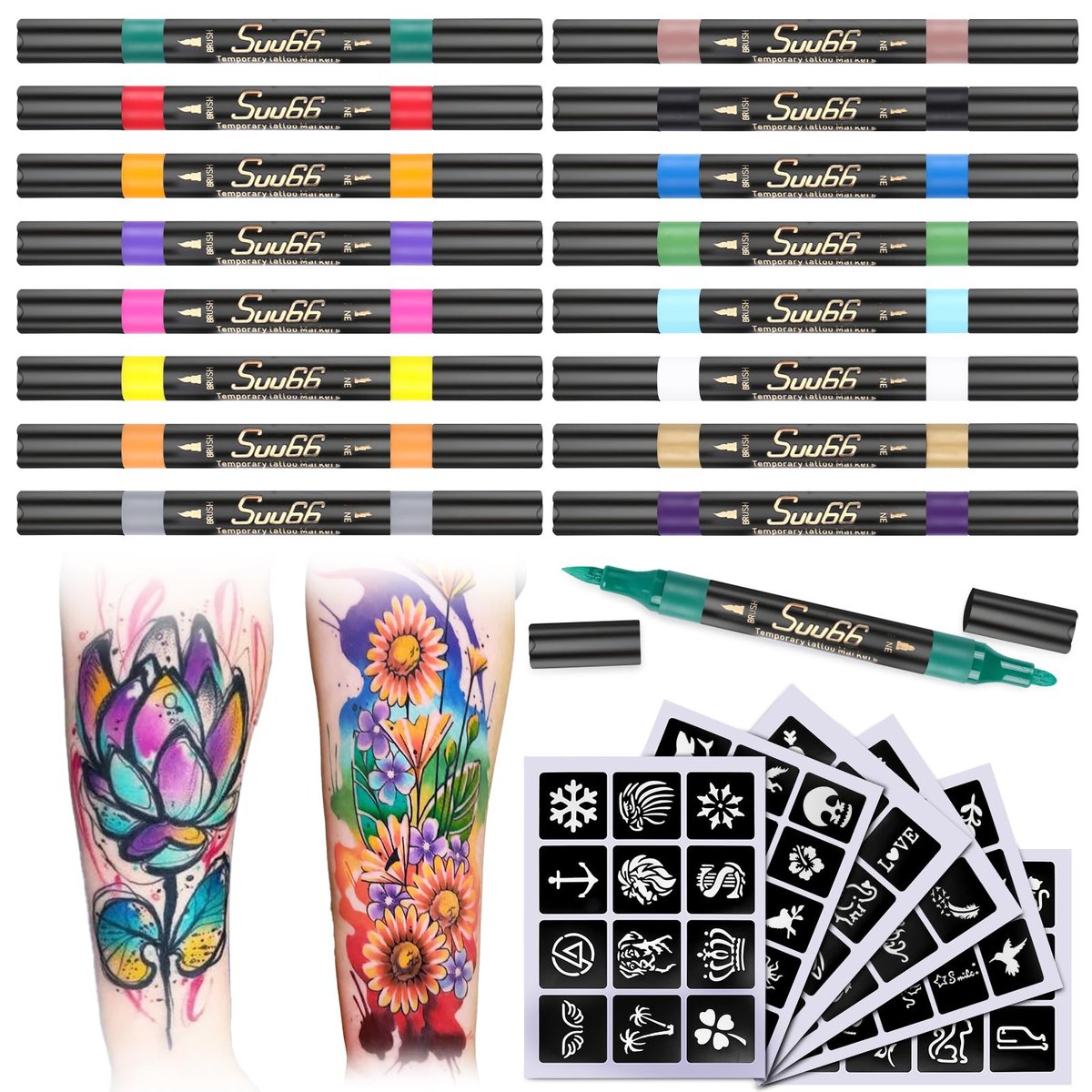 Suu66 Temporary Tattoo Markers Kit - 16 Colors Dual-End with 80 Stencils, Skin-Safe & Washable Body Art for Kids and Adults - görsel 1