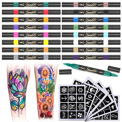 Suu66 Temporary Tattoo Markers Kit - 16 Colors Dual-End with 80 Stencils, Skin-Safe & Washable Body Art for Kids and Adults