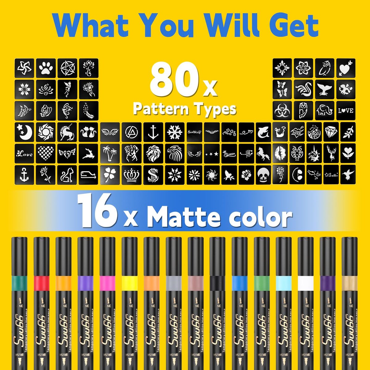 Suu66 Temporary Tattoo Markers Kit - 16 Colors Dual-End with 80 Stencils, Skin-Safe & Washable Body Art for Kids and Adults - görsel 3