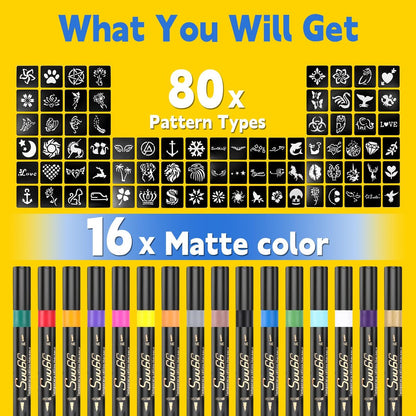 Suu66 Temporary Tattoo Markers Kit - 16 Colors Dual-End with 80 Stencils, Skin-Safe & Washable Body Art for Kids and Adults
