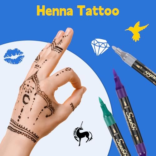 Suu66 Temporary Tattoo Markers Kit - 16 Colors Dual-End with 80 Stencils, Skin-Safe & Washable Body Art for Kids and Adults - görsel 16