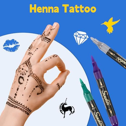 Suu66 Temporary Tattoo Markers Kit - 16 Colors Dual-End with 80 Stencils, Skin-Safe & Washable Body Art for Kids and Adults