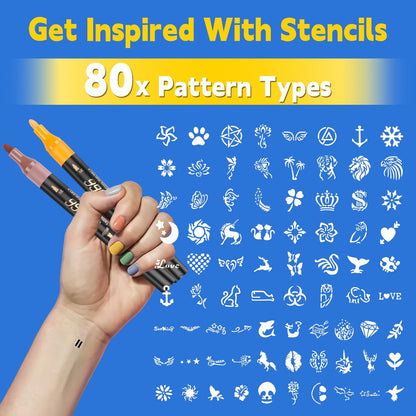 Suu66 Temporary Tattoo Markers Kit - 16 Colors Dual-End with 80 Stencils, Skin-Safe & Washable Body Art for Kids and Adults