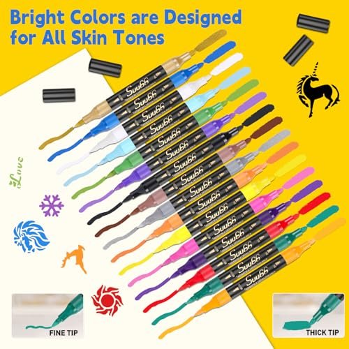 Suu66 Temporary Tattoo Markers Kit - 16 Colors Dual-End with 80 Stencils, Skin-Safe & Washable Body Art for Kids and Adults - görsel 6