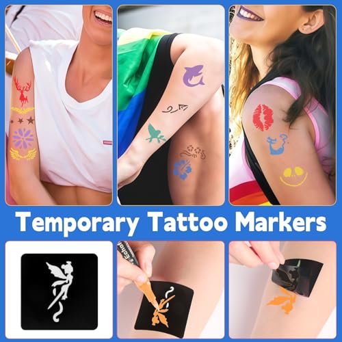 Suu66 Temporary Tattoo Markers Kit - 16 Colors Dual-End with 80 Stencils, Skin-Safe & Washable Body Art for Kids and Adults - görsel 12