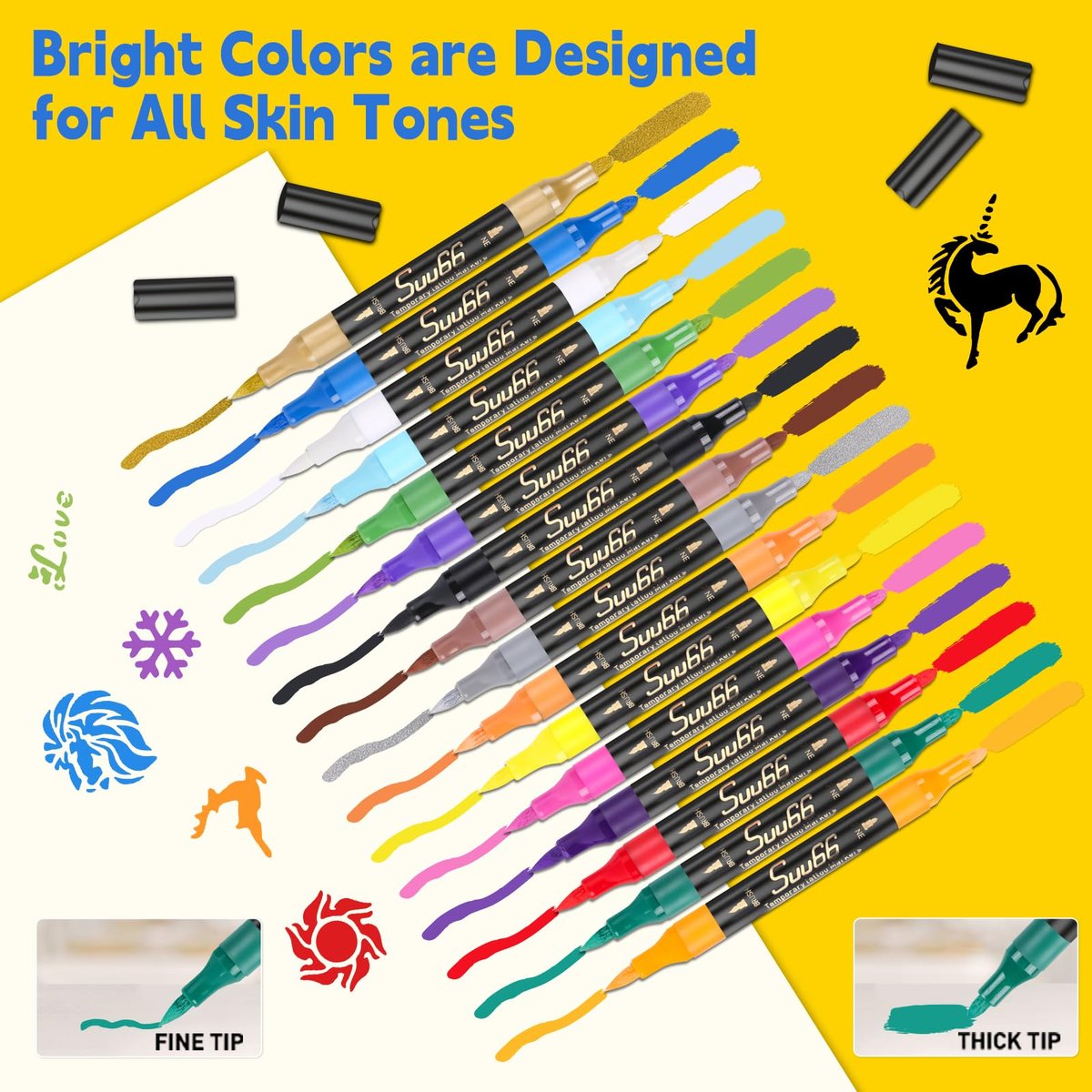 Suu66 Temporary Tattoo Markers Kit - 16 Colors Dual-End with 80 Stencils, Skin-Safe & Washable Body Art for Kids and Adults - görsel 5