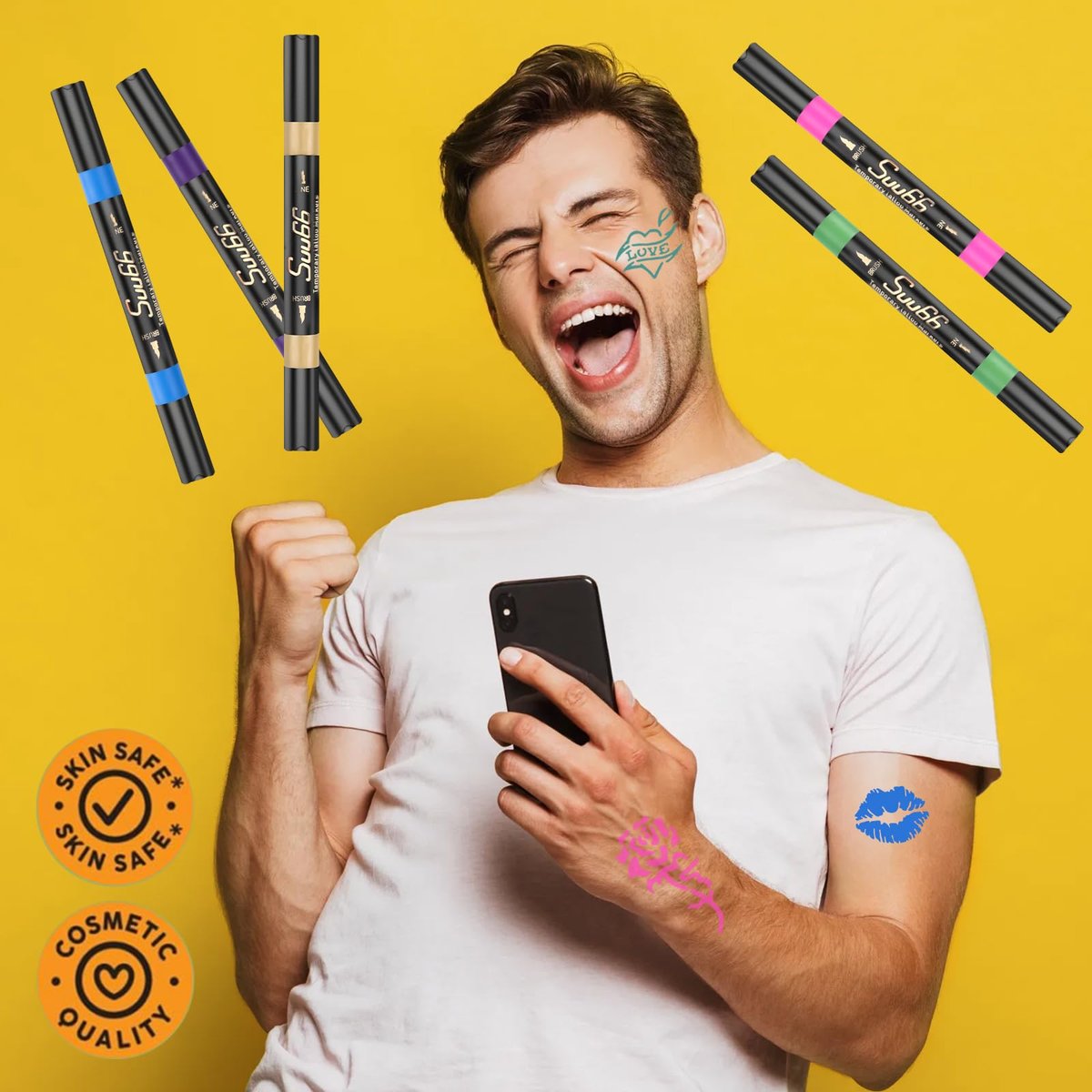 Suu66 Temporary Tattoo Markers Kit - 16 Colors Dual-End with 80 Stencils, Skin-Safe & Washable Body Art for Kids and Adults - görsel 13