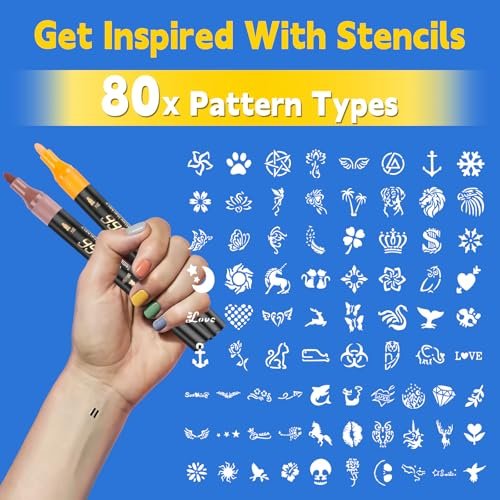 Suu66 Temporary Tattoo Markers Kit - 16 Colors Dual-End with 80 Stencils, Skin-Safe & Washable Body Art for Kids and Adults - görsel 8