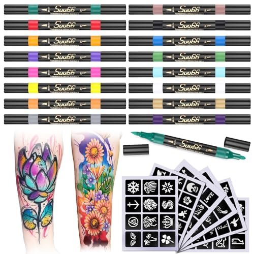 Suu66 Temporary Tattoo Markers Kit - 16 Colors Dual-End with 80 Stencils, Skin-Safe & Washable Body Art for Kids and Adults - görsel 2