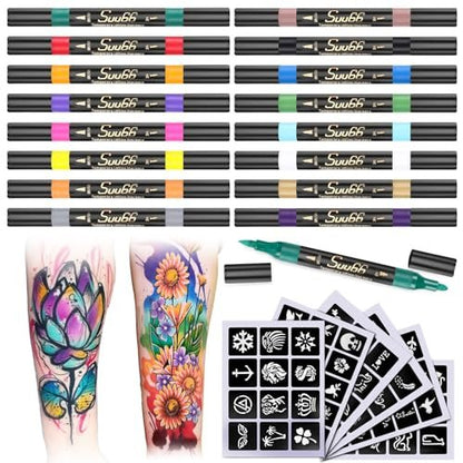 Suu66 Temporary Tattoo Markers Kit - 16 Colors Dual-End with 80 Stencils, Skin-Safe & Washable Body Art for Kids and Adults
