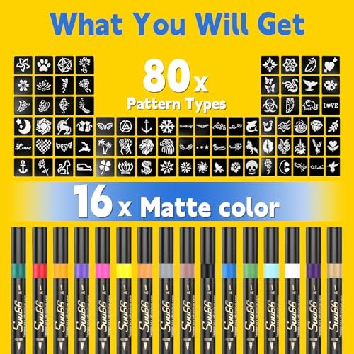 Suu66 Temporary Tattoo Markers Kit - 16 Colors Dual-End with 80 Stencils, Skin-Safe & Washable Body Art for Kids and Adults - görsel 4