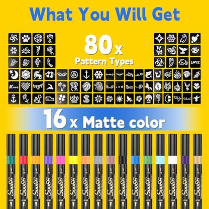 Suu66 Temporary Tattoo Markers Kit - 16 Colors Dual-End with 80 Stencils, Skin-Safe & Washable Body Art for Kids and Adults