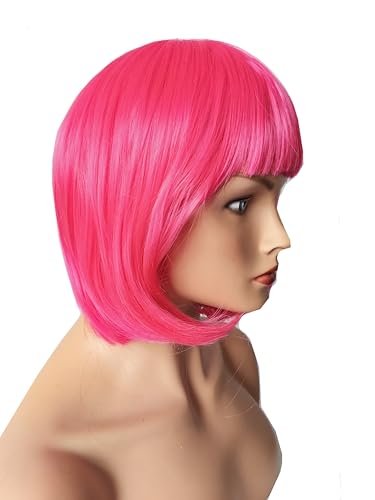 OYSRONG Women Short 11.81" Hot Pink Bob Straight Multifunction Synthetic Cosplay Wig with Flat Bangs Avelisse