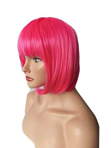 OYSRONG Women Short 11.81" Hot Pink Bob Straight Multifunction Synthetic Cosplay Wig with Flat Bangs Avelisse