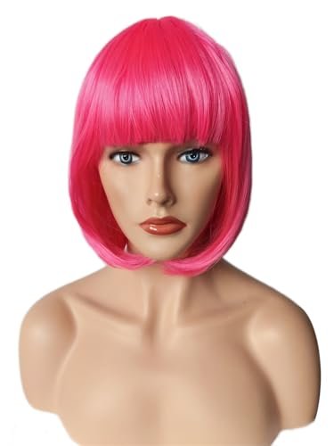 OYSRONG Women Short 11.81" Hot Pink Bob Straight Multifunction Synthetic Cosplay Wig with Flat Bangs Avelisse