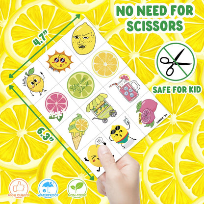 96 PCS Lemon Pre-Cut Temporary Tattoos for Kids - Fun Birthday Party Favors, Supplies, School Rewards & Gifts