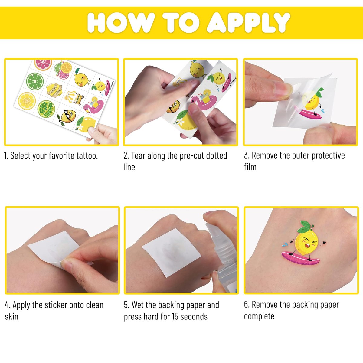 96 PCS Lemon Pre-Cut Temporary Tattoos for Kids - Fun Birthday Party Favors, Supplies, School Rewards & Gifts - görsel 9