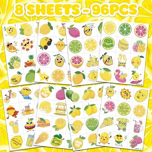 96 PCS Lemon Pre-Cut Temporary Tattoos for Kids - Fun Birthday Party Favors, Supplies, School Rewards & Gifts - görsel 6