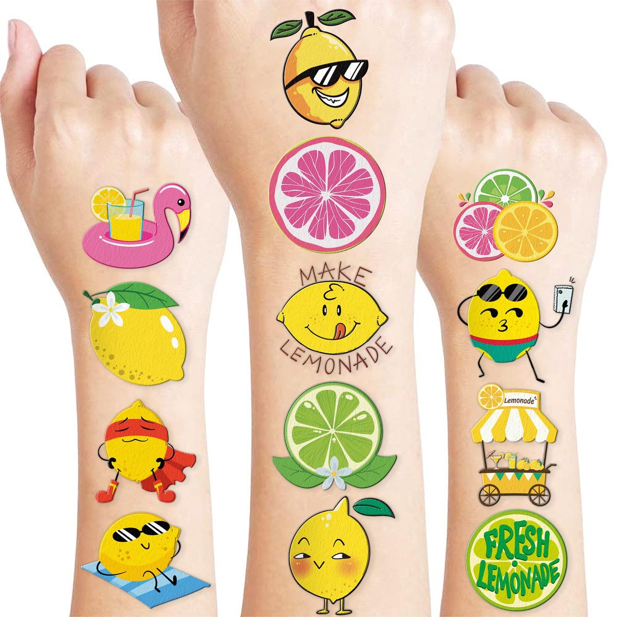 96 PCS Lemon Pre-Cut Temporary Tattoos for Kids - Fun Birthday Party Favors, Supplies, School Rewards & Gifts - görsel 1