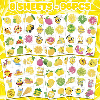 96 PCS Lemon Pre-Cut Temporary Tattoos for Kids - Fun Birthday Party Favors, Supplies, School Rewards & Gifts