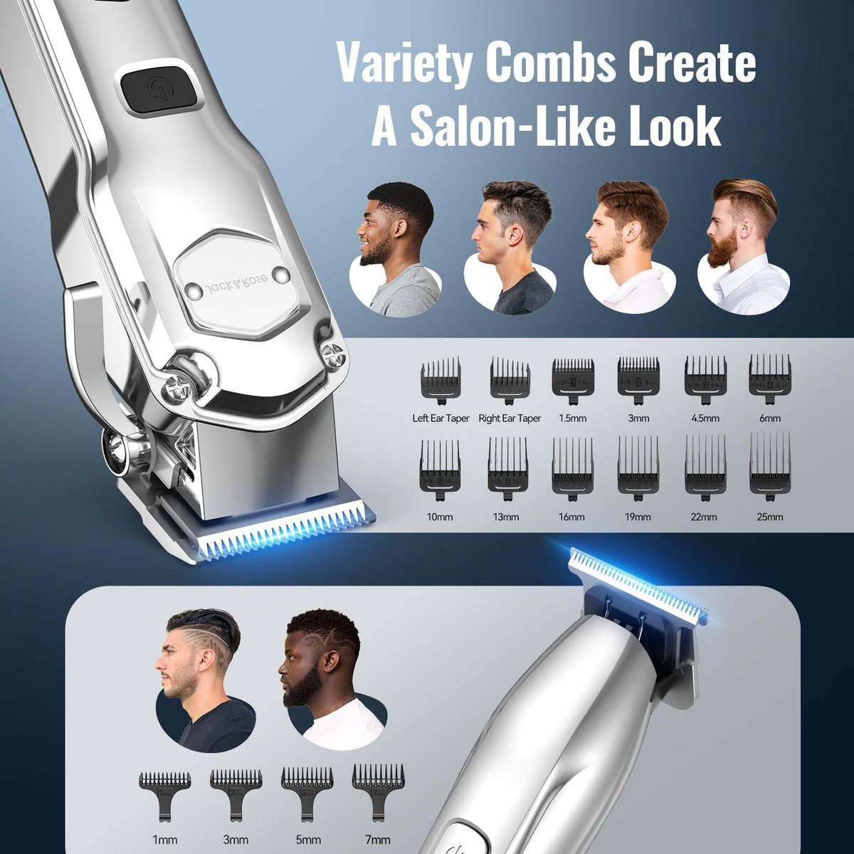 Jack & Rose Hair Clippers for Men Set Professional - Cordless Men Hair Trimmer, Electric Shaver, 4 in 1 Barber Kit with LED Display for Nose, Body, Bald Head Avelisse