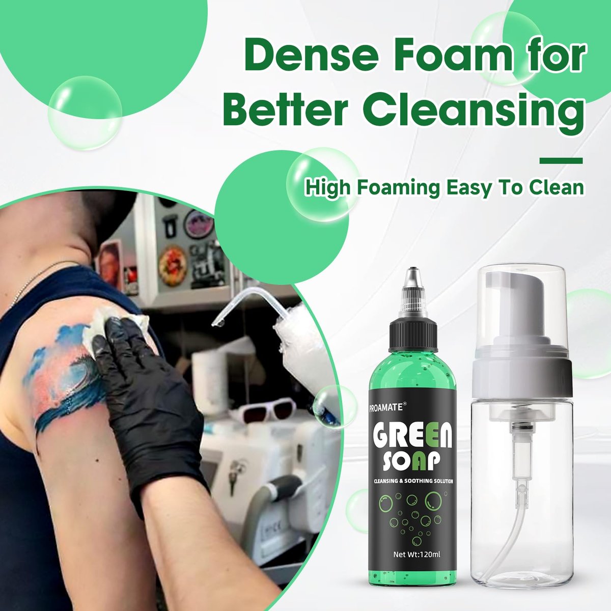 proamate Green Tattoo Soap 4OZ (120ml) with Foaming Bottle - Tattoo Aftercare & Piercing Cleaner, Gentle Skin Cleanser for Tattoos and Piercings - görsel 5