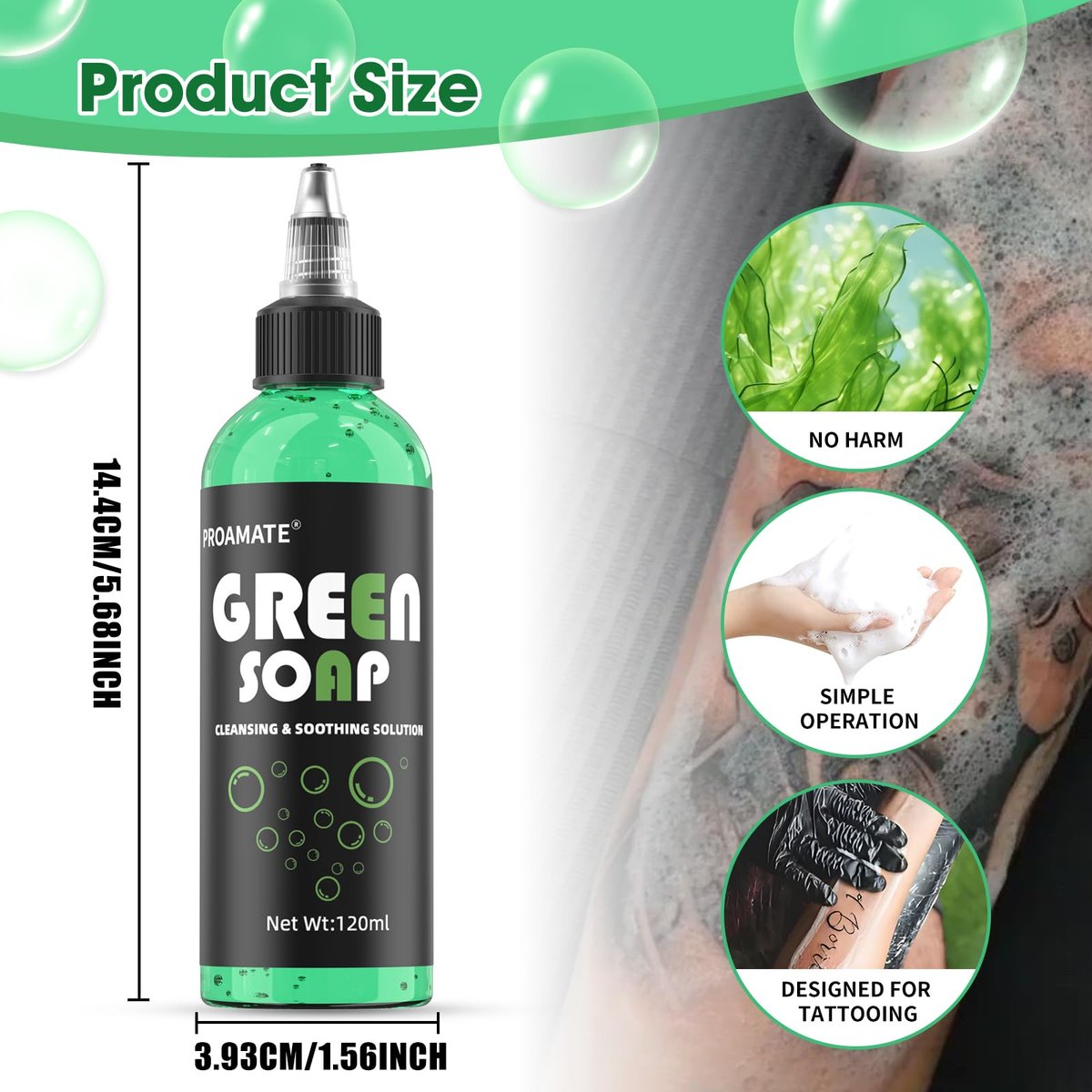 proamate Green Tattoo Soap 4OZ (120ml) with Foaming Bottle - Tattoo Aftercare & Piercing Cleaner, Gentle Skin Cleanser for Tattoos and Piercings - görsel 11