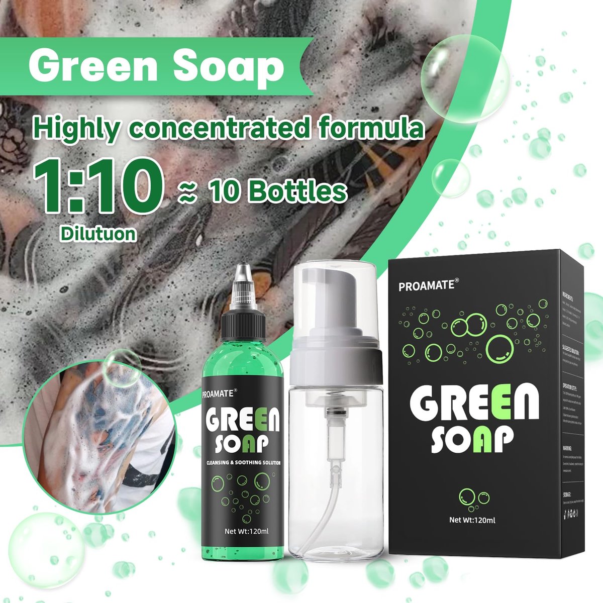 proamate Green Tattoo Soap 4OZ (120ml) with Foaming Bottle - Tattoo Aftercare & Piercing Cleaner, Gentle Skin Cleanser for Tattoos and Piercings - görsel 3