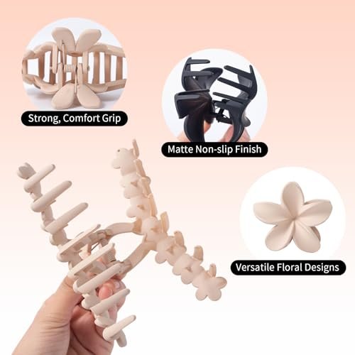 6pcs Flower Claw Clips for Women - Hawaiian Hibiscus Hair Clips, Non-Slip Matte Finish, Black & Cream, Large for Thick Hair, Cute Hair Accessories for Travel Beach Daily - görsel 8